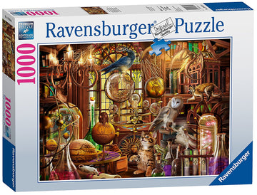 Ravensburger's Merlin's Laboratory jigsaw puzzle featuring an intricate illustration filled with magical elements. The scene showcases a variety of whimsical artifacts including glowing orbs, colorful potions in flasks, an owl perched among books, and playful cats, all set within a richly detailed laboratory environment. Suitable for puzzle enthusiasts looking for a challenging 1000-piece experience.