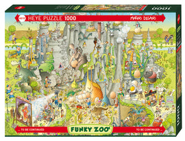 Colorful jigsaw puzzle titled 'Jurassic Habitat' by Heye, featuring a vibrant scene filled with whimsical dinosaur characters, playful landscapes, and various humorous details. The puzzle box displays a cartoonish illustration with a variety of elements including a quirky zoo and cartoonish humans engaging in funny activities amidst dinosaurs.