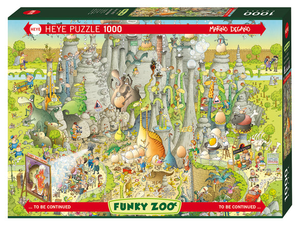 Colorful jigsaw puzzle titled 'Jurassic Habitat' by Heye, featuring a vibrant scene filled with whimsical dinosaur characters, playful landscapes, and various humorous details. The puzzle box displays a cartoonish illustration with a variety of elements including a quirky zoo and cartoonish humans engaging in funny activities amidst dinosaurs.