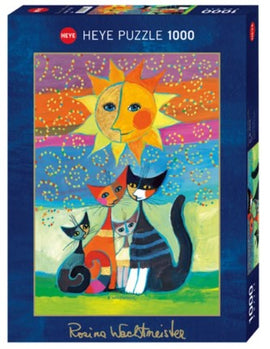 A vibrant jigsaw puzzle box titled 'Sun' by Rosina Wachtmeister. The artwork features a colorful sun above a group of playful cats in a whimsical landscape, designed for art lovers and puzzle enthusiasts alike. This 1000-piece jigsaw puzzle promises hours of engaging fun.