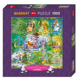 Wildlife by Mordillo jigsaw puzzle featuring vibrant cartoon images of various animals and lush natural scenes, designed for fun and intricate assembly. The box contains 1000 pieces, showcasing a colorful and whimsical illustration that promises an engaging challenge for puzzle enthusiasts.