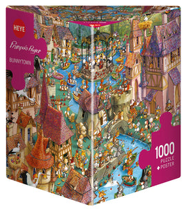 The Bunnytown jigsaw puzzle by Heye features an intricate illustration of whimsical characters and vibrant scenery, showcasing a charming village with rivers and buildings. The puzzle box displays a colorful design, along with an indication of 1000 pieces and a bonus poster included.