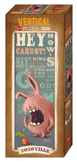 The Carrot Zozoville jigsaw puzzle box features a vibrant and whimsical illustration of a carrot-themed creature with lively colors and expressive features. The packaging showcases the title 'Carrot Zozoville' and includes playful text elements, set against a stylized background. This puzzle offers an engaging challenge with 1000 pieces, perfect for both adults and children.