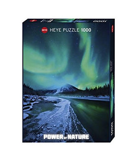 Heye jigsaw puzzle titled 'Northern Lights' featuring a breathtaking scene of the Aurora Borealis illuminating the night sky over a serene landscape with a river, trees, and mountains. The puzzle includes 1000 pieces and comes in a stylish box depicting the stunning natural phenomenon.
