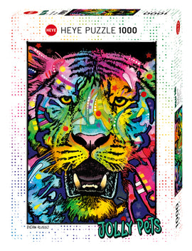The Wild Tiger jigsaw puzzle by Heye features a colorful and vibrant illustration of a tiger's face, designed by Dean Russo. This 1000-piece puzzle depicts a majestic tiger with intricate patterns and bold colors, making it a striking visual addition for puzzle enthusiasts and art lovers alike.