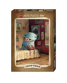 The Milk Tooth jigsaw puzzle by Heye features a whimsical illustration of a blue creature with a big smile sitting on a bed, surrounded by artwork and a cozy room setting. The puzzle is part of the Zozoville collection and comprises 500 pieces, perfect for puzzle enthusiasts looking for a fun and challenging experience.