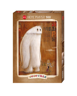The Heye Sit! Zozoville jigsaw puzzle features a whimsical illustration of a large, white creature with a friendly appearance, standing beside a small figure that says 'Sit!'. The background is adorned with retro elements and warm earthy tones, creating a charming and inviting scene. This 500-piece puzzle is perfect for both kids and adults, offering a delightful challenge and a rewarding experience when completed.