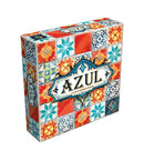 Azul game box featuring colorful patterned tiles in shades of blue, orange, and white. The title 'AZUL' is prominently displayed in an ornate font, surrounded by intricate decorative designs.
