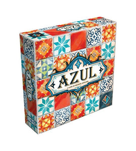 Azul game box featuring colorful patterned tiles in shades of blue, orange, and white. The title 'AZUL' is prominently displayed in an ornate font, surrounded by intricate decorative designs.