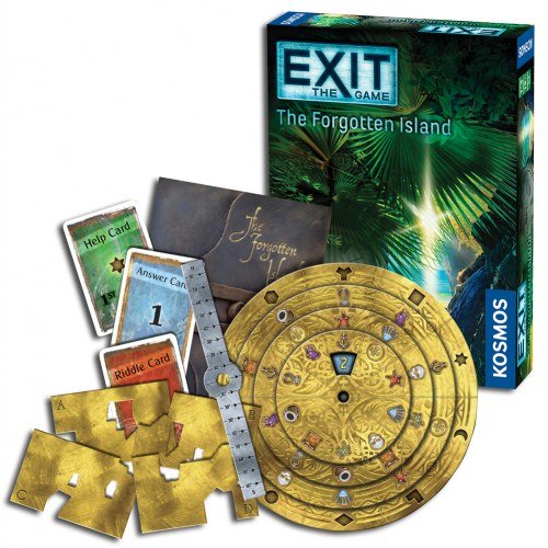 Exit: The Forgotten Island by Thames & Kosmos is an immersive escape room game. The game box features vibrant jungle artwork and includes various components: riddle cards, answer cards, help cards, and a unique circular decoder. Players will solve puzzles and unlock secrets as they work together to escape the island. Ideal for game nights and group gatherings.