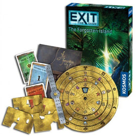 Exit: The Forgotten Island by Thames & Kosmos is an immersive escape room game. The game box features vibrant jungle artwork and includes various components: riddle cards, answer cards, help cards, and a unique circular decoder. Players will solve puzzles and unlock secrets as they work together to escape the island. Ideal for game nights and group gatherings.