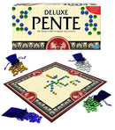 Deluxe Pente game by Winning Moves featuring a classic game board with a grid layout and various colored glass stones, displayed with drawstring bags containing additional stones. The game emphasizes strategic capture and can be played as a 5-in-a-row match.