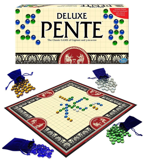 Deluxe Pente game by Winning Moves featuring a classic game board with a grid layout and various colored glass stones, displayed with drawstring bags containing additional stones. The game emphasizes strategic capture and can be played as a 5-in-a-row match.