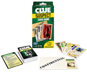 The Clue Suspects Card Game by Winning Moves features a colorful box that showcases a variety of cards, including character cards and a confidential folder. The game is suitable for families, ages 8 and older, and encourages players to solve a mystery by deducing the suspect, weapon, and location involved.
