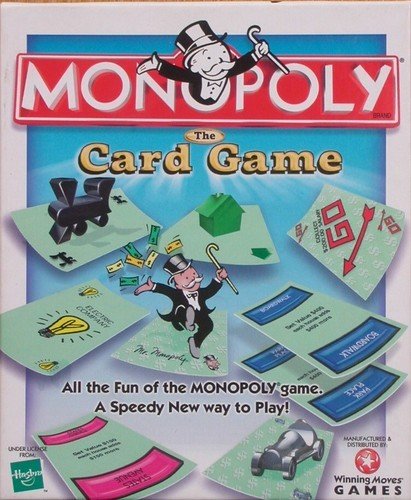 Monopoly: The Card Game by Winning Moves featuring vibrant graphics. The box displays the classic Monopoly logo and various game cards showcasing game elements. Ideal for quick, fun family game nights.