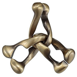 The Cast Trinity puzzle by Hanayama features a unique design composed of interlocking metal pieces, each shaped like bone-like forms. The sculptural quality, with its antique bronze finish, invites tactile interaction while posing an engaging challenge for puzzle enthusiasts.