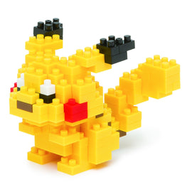 Nanoblock Pikachu DIY kit featuring an adorable, blocky Pikachu figure constructed from colorful building blocks. The model showcases Pikachu's distinct yellow body, large ears, and signature red cheeks, perfect for creative play and display.