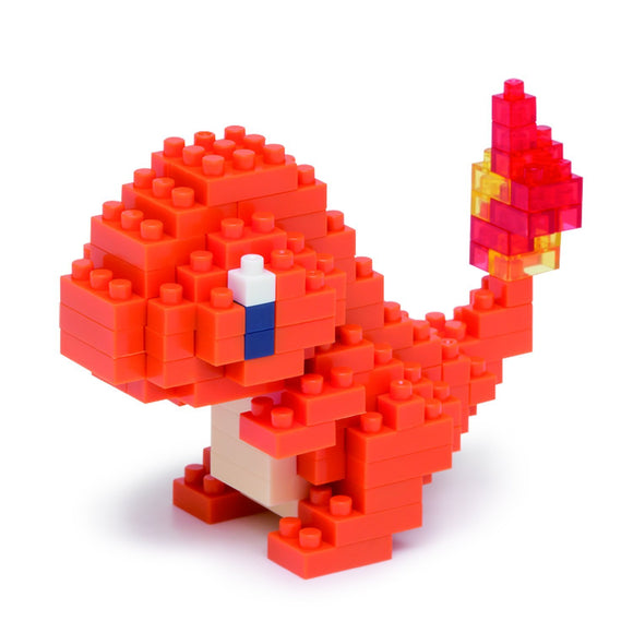 A vibrant Nanoblock Charmander figure constructed from colorful interlocking blocks. The figure features a bright orange body, a blue eye, and a fiery red and yellow tail. Ideal for fans of Pokémon and building enthusiasts, this DIY kit offers a fun and creative way to assemble your favorite character.