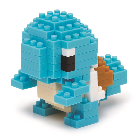A colorful Nanoblock kit featuring a 3D miniature model of Squirtle, a popular water-type Pokémon. The figure is constructed using small interlocking blocks in shades of blue, white, and brown, showcasing Squirtle's characteristic shell and body structure. Ideal for collectors and enthusiasts of building kits.