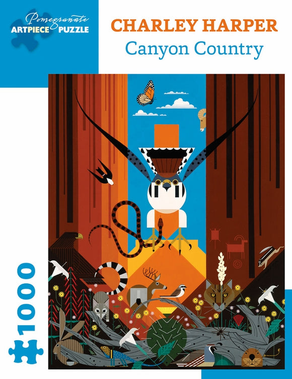 Canyon Country jigsaw puzzle featuring a vibrant and intricately designed illustration by Charley Harper. The artwork showcases various wildlife and natural elements, including a stylized owl, colorful birds, and a dramatic canyon landscape in warm hues. The puzzle consists of 1000 pieces, ideal for both nature lovers and puzzle enthusiasts.