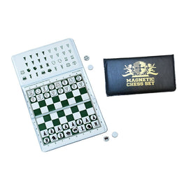 A magnetic chess set by Wood Expressions featuring a foldable checkbook-style board with pieces securely in place. The board displays a classic black and white checker pattern, along with chess notations and symbols for easy gameplay. The set includes a sleek black carrying case labeled 'MAGNETIC CHESS SET'. Ideal for on-the-go play.