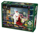 Santa's Hobby jigsaw puzzle by Cobble Hill features a cheerful Santa in a workshop surrounded by model trains, tools, and various train memorabilia. The vibrant image captures the joy of holiday crafting, perfect for family fun or quiet afternoons.