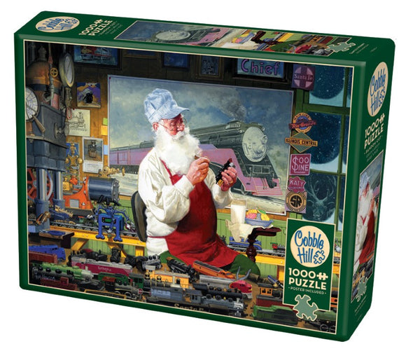 Santa's Hobby jigsaw puzzle by Cobble Hill features a cheerful Santa in a workshop surrounded by model trains, tools, and various train memorabilia. The vibrant image captures the joy of holiday crafting, perfect for family fun or quiet afternoons.