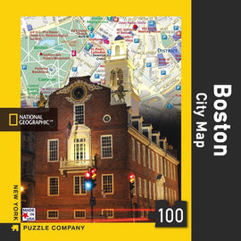 Boston City Map Mini Puzzle featuring a detailed map of Boston and a historic building's exterior. This 100-piece jigsaw puzzle captures key landmarks and streets, perfect for puzzle enthusiasts and city lovers alike.