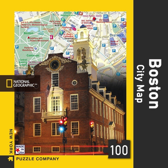 Boston City Map Mini Puzzle featuring a detailed map of Boston and a historic building's exterior. This 100-piece jigsaw puzzle captures key landmarks and streets, perfect for puzzle enthusiasts and city lovers alike.