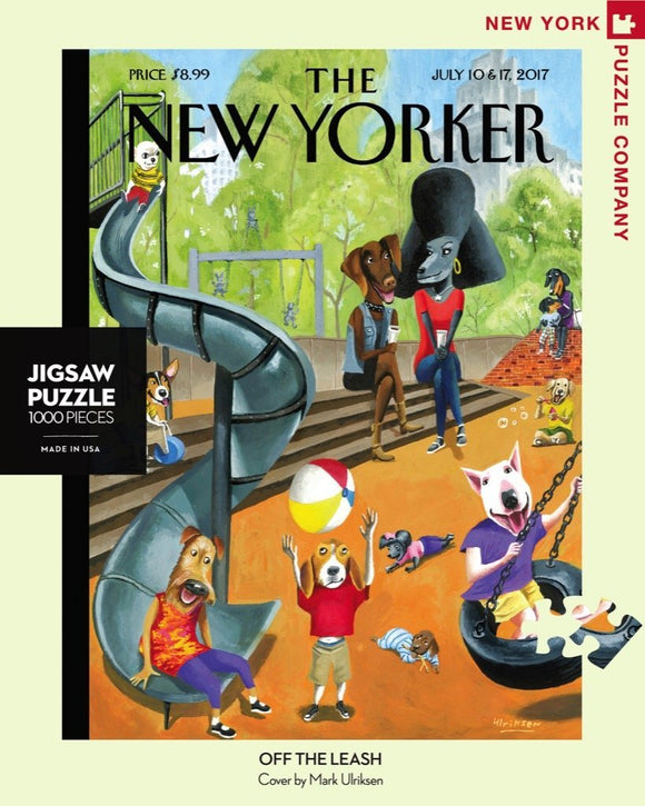 Off the Leash is a 1000-piece jigsaw puzzle featuring a playful illustration of dogs enjoying a sunny day in a park. The scene includes a slide, a swing, and various playful activities with a humorous artistic style by Mark Ulriksen.