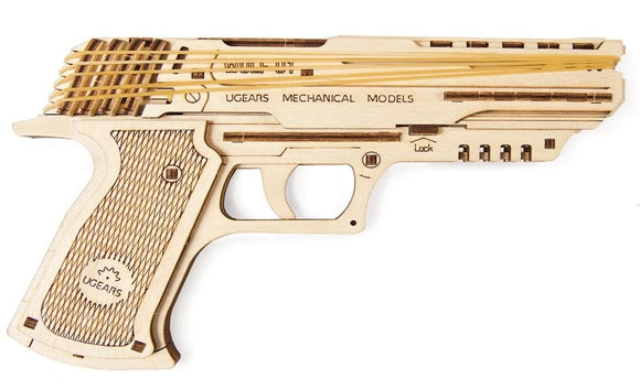 UGears 3D Wolf-01 Handgun DIY kit, crafted from precision-cut wood. The model features intricate engravings and a realistic design, perfect for mechanical model enthusiasts and DIY lovers. Assembly required for this educational, hands-on experience.