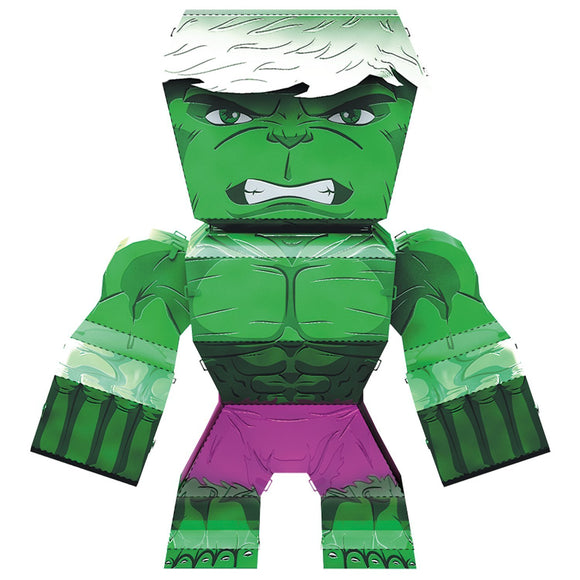 A vibrant DIY kit of the Hulk, made of metal and intricately designed with a strong green color. The model features Hulk's iconic features including his muscular arms, angry expression, and purple shorts. Perfect for fans and collectors, this metal kit adds a fun, creative element to any workspace or display.