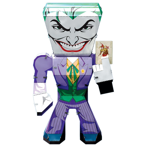 A detailed DIY kit of the Joker character from comics, featuring vibrant colors and intricate design. The metal model showcases the Joker's iconic purple suit, green hair, and sinister grin, holding a playing card with a joker illustration. Perfect for fans of DIY projects and comic book enthusiasts.