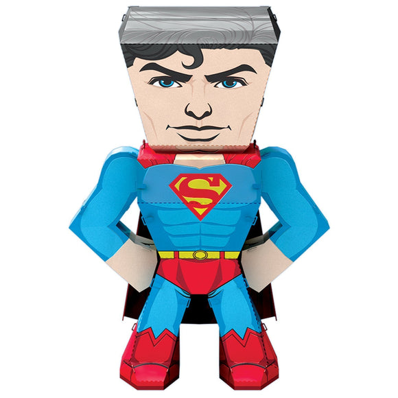 Colorful DIY kit featuring Superman from Metal Earth. The kit showcases a 3D model of Superman in his iconic outfit, complete with blue suit, red cape, and the Superman emblem on his chest, ready for assembly.