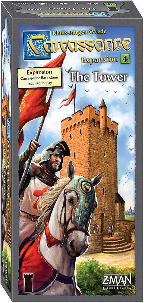 Carcassonne: Expansion 4 - The Tower board game box featuring a knight on a horse, a tall stone tower, and players engaged in gameplay. Designed by Klaus-Jürgen Wrede and produced by Z-Man Games, this expansion introduces new elements to the classic tile-placement game, enhancing strategy and interaction among players.