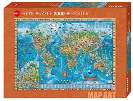 The Amazing World jigsaw puzzle by Heye features a colorful and detailed map of the world, showcasing various animals, landmarks, and cultural icons from different regions. The puzzle includes 2000 pieces and comes with a poster for reference. The box highlights vibrant illustrations of continents, countries, and ocean life, making it an engaging and educational experience for puzzle enthusiasts of all ages.