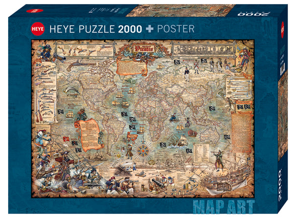 Pirate World jigsaw puzzle by Heye featuring an intricate map of the world adorned with pirates, ships, and nautical themes. The box showcases colorful illustrations, a vintage-style design, and includes a poster for added enjoyment. This 2000-piece puzzle is perfect for puzzle enthusiasts looking for a challenging and visually captivating experience.
