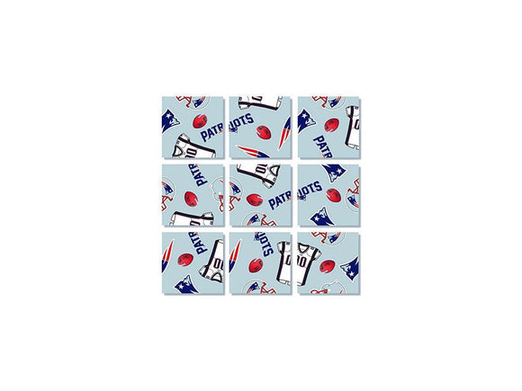 Colorful jigsaw puzzle featuring the New England Patriots logo, jerseys, and footballs arranged on a light blue background. Ideal for sports fans and puzzle lovers.