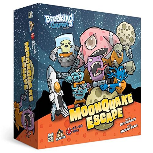 MoonQuake Escape game by Breaking Games, featuring vibrant, cartoonish characters like robots and monsters escaping a lunar landscape. The game box showcases dynamic artwork with colorful illustrations. Recommended for 2 to 6 players, ages 10 and up, with a playtime of 45 to 60 minutes.