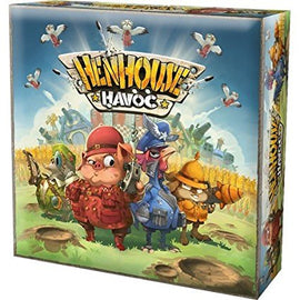The game box for Henhouse Havoc by Ankama features colorful cartoon characters, including a pig in a military outfit, a bird in a pilot's cap, and various other whimsical animals. The backdrop shows a farm with fields and a blue sky, creating a vibrant and playful atmosphere. The title 'Henhouse Havoc' is prominently displayed at the top with an action-packed design.