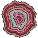 A vibrant jigsaw puzzle shaped like an agate slice, showcasing a stunning array of colors including pink, teal, and brown, with a smooth, layered pattern resembling natural stone.