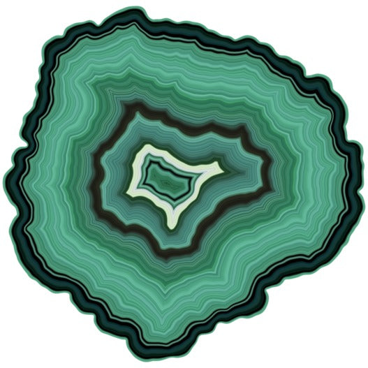 An intricately designed agate puzzle piece in various shades of green, featuring natural banding patterns and a smooth glossy surface, suitable for a beautifully crafted jigsaw puzzle experience.