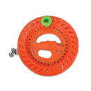 Speedy Winder 9" by PREMIER Kites, a bright orange circular tool with a textured handle and a green top. Ideal for easily winding strings and lines for kites and other outdoor activities.