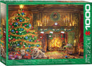 Festive Labs jigsaw puzzle by Eurographics, featuring a cozy Christmas scene with a beautifully decorated tree, colorful ornaments, and playful dogs lounging around. The warm ambiance is complemented by stockings hung by the fireplace, creating a heartwarming holiday atmosphere suitable for puzzle enthusiasts.