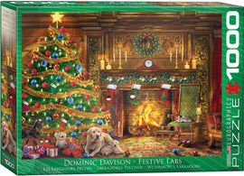 Festive Labs jigsaw puzzle by Eurographics, featuring a cozy Christmas scene with a beautifully decorated tree, colorful ornaments, and playful dogs lounging around. The warm ambiance is complemented by stockings hung by the fireplace, creating a heartwarming holiday atmosphere suitable for puzzle enthusiasts.