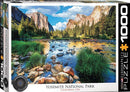 Eurographics jigsaw puzzle depicting a stunning landscape of Yosemite National Park in California, featuring lush greenery, a flowing river, and towering rock formations under a blue sky. The puzzle contains 1000 pieces, ideal for nature lovers and puzzle enthusiasts.