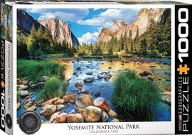 Eurographics jigsaw puzzle depicting a stunning landscape of Yosemite National Park in California, featuring lush greenery, a flowing river, and towering rock formations under a blue sky. The puzzle contains 1000 pieces, ideal for nature lovers and puzzle enthusiasts.