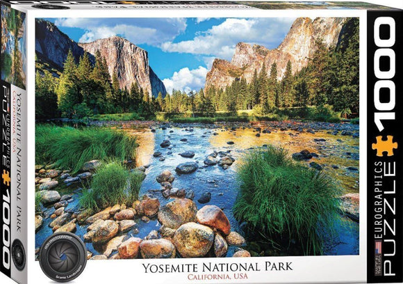 Eurographics jigsaw puzzle depicting a stunning landscape of Yosemite National Park in California, featuring lush greenery, a flowing river, and towering rock formations under a blue sky. The puzzle contains 1000 pieces, ideal for nature lovers and puzzle enthusiasts.
