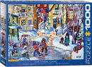 The Usual Gang jigsaw puzzle by Eurographics features a colorful winter scene with children playing in the snow, building snowmen and engaging in various outdoor activities. The artwork captures a charming neighborhood vibe with snow-covered houses and vibrant colors, perfect for puzzle enthusiasts and holiday gatherings.