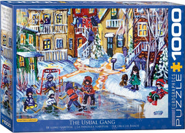 The Usual Gang jigsaw puzzle by Eurographics features a colorful winter scene with children playing in the snow, building snowmen and engaging in various outdoor activities. The artwork captures a charming neighborhood vibe with snow-covered houses and vibrant colors, perfect for puzzle enthusiasts and holiday gatherings.